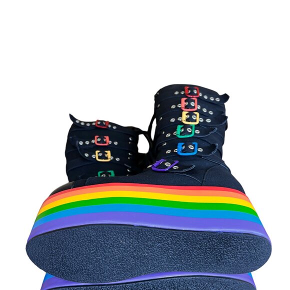 Women’s Dolls Kill Knee High Rainbow Pride Parade Platform Buckles Stompin Boots - Picture 5 of 11